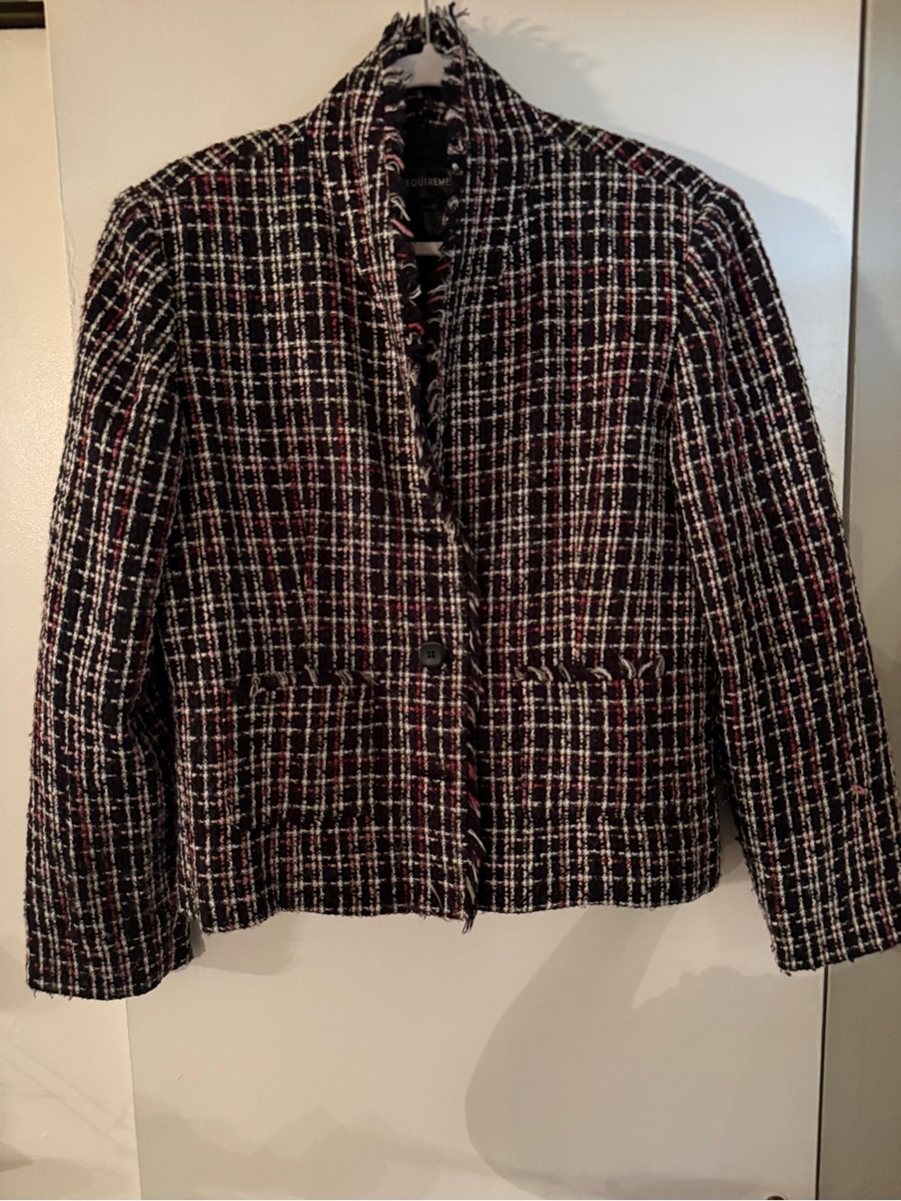 Requirements Black & White Tweed Blazer with Burgundy Accents